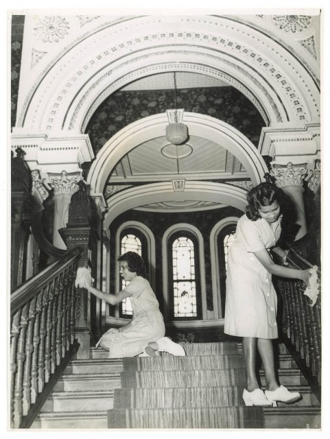 Students cleaning bannister, Singleton Native Workers Training College c1950. SLNSW